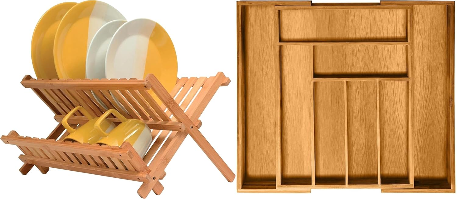 Bamboo Dish Rack and Expandable Drawer Organizer Set Bundle