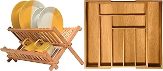 Bamboo Dish Rack and Expandable Drawer Organizer Set Bundle