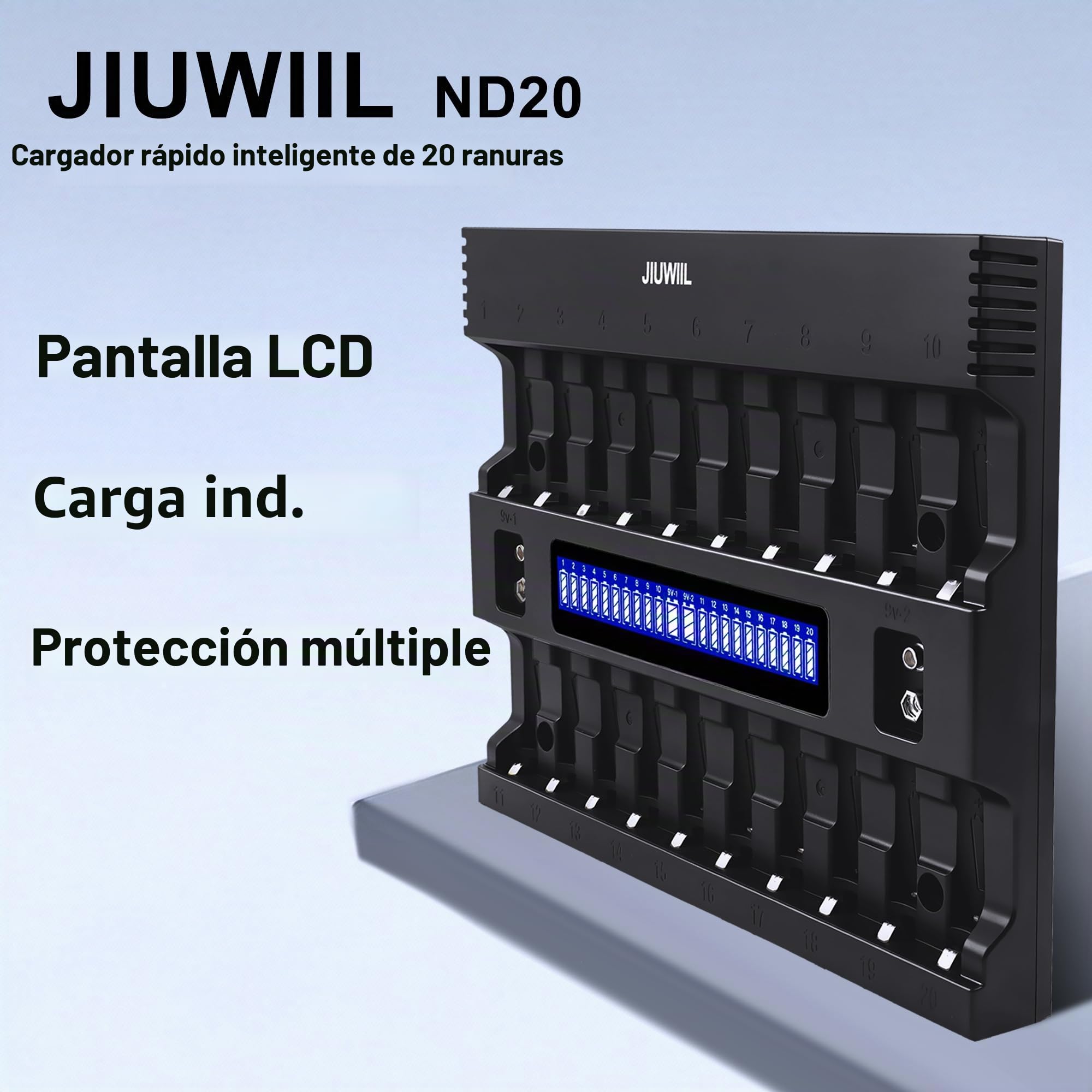 Cargador de Pilas AA AAA con 20+2 Ranuras con Pantalla LCD | Cargador inteligente, apto para baterías recargables de iones de litio, LiFePO4, RCR123, 18650, 26650, 10440, 14500 y 9V