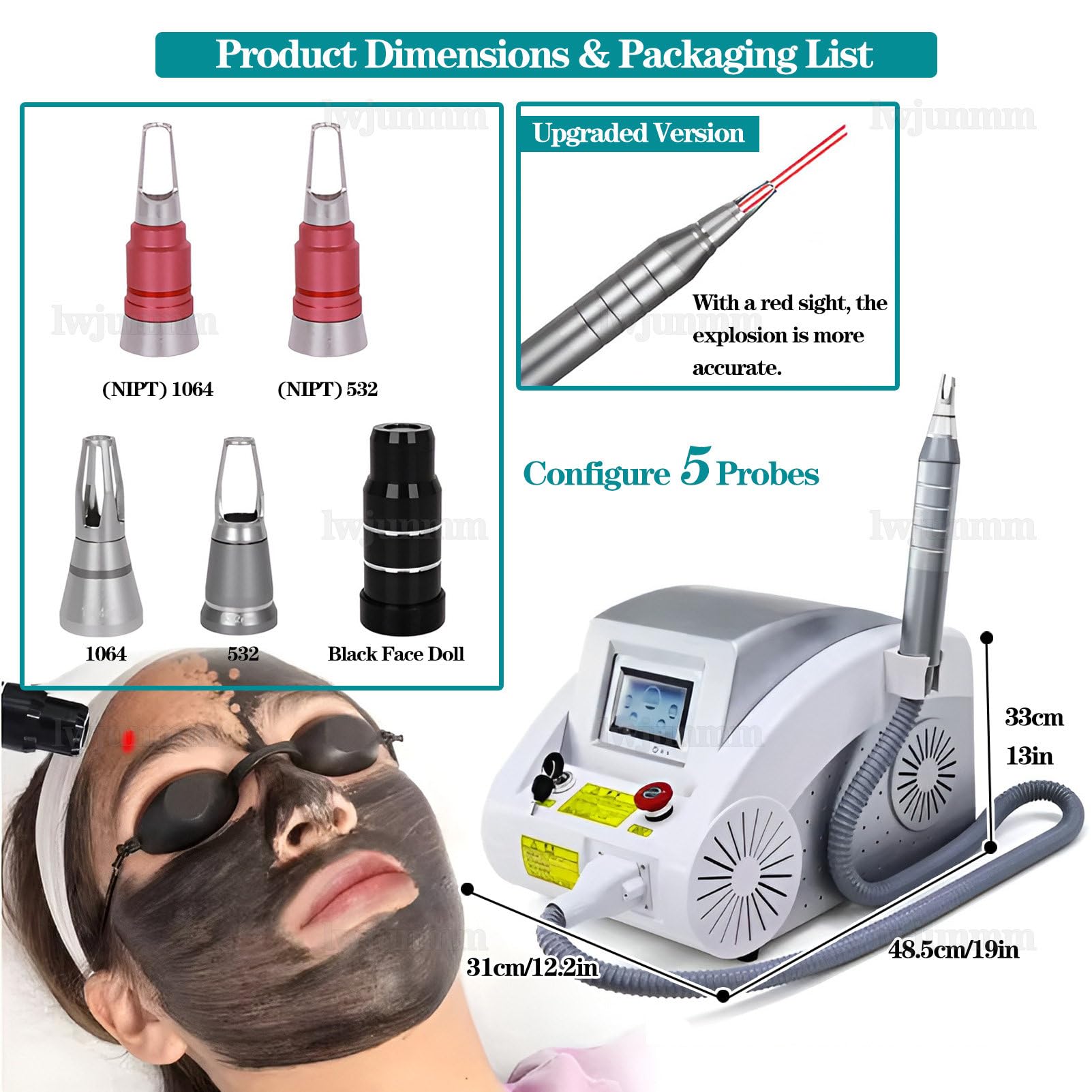 Tattooentfernungsgerät, Pico-Laser-Gerät zur Tattooentfernung, zur Entfernung von Tattoos und Farbflecken an Augenbrauen und Lidstrich 5Probes