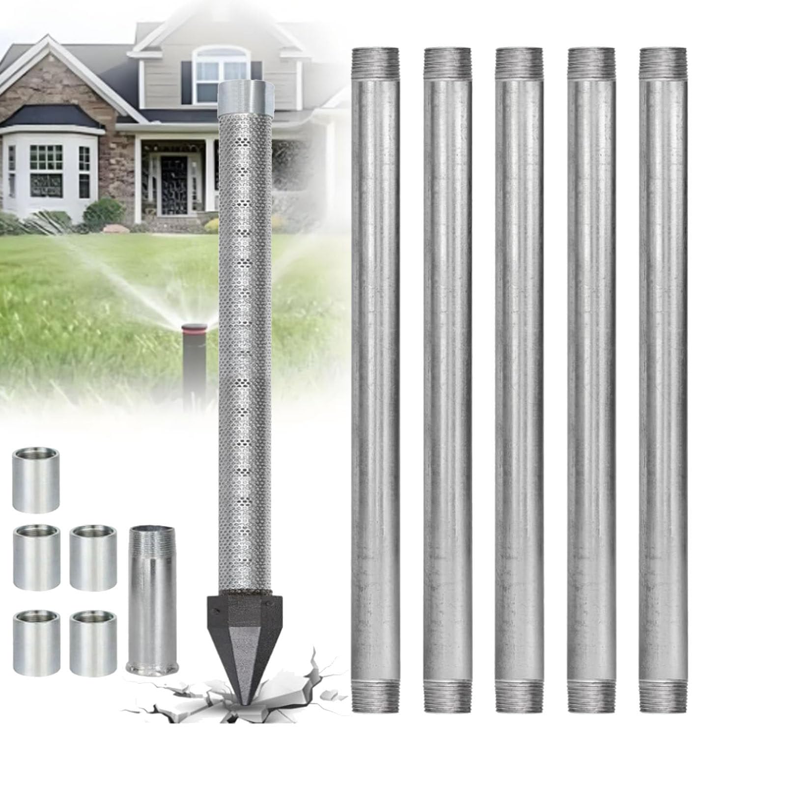 Sand Point Well Kit, 1-1/4" Stainless Steel Drive Point with 60 Gauge Mesh Screen, 36-Inch Shallow Well Drilling, Galvanized Pipes and Drive Coupling for Soft Soil DIY Water Supply NoWaterPump-6M