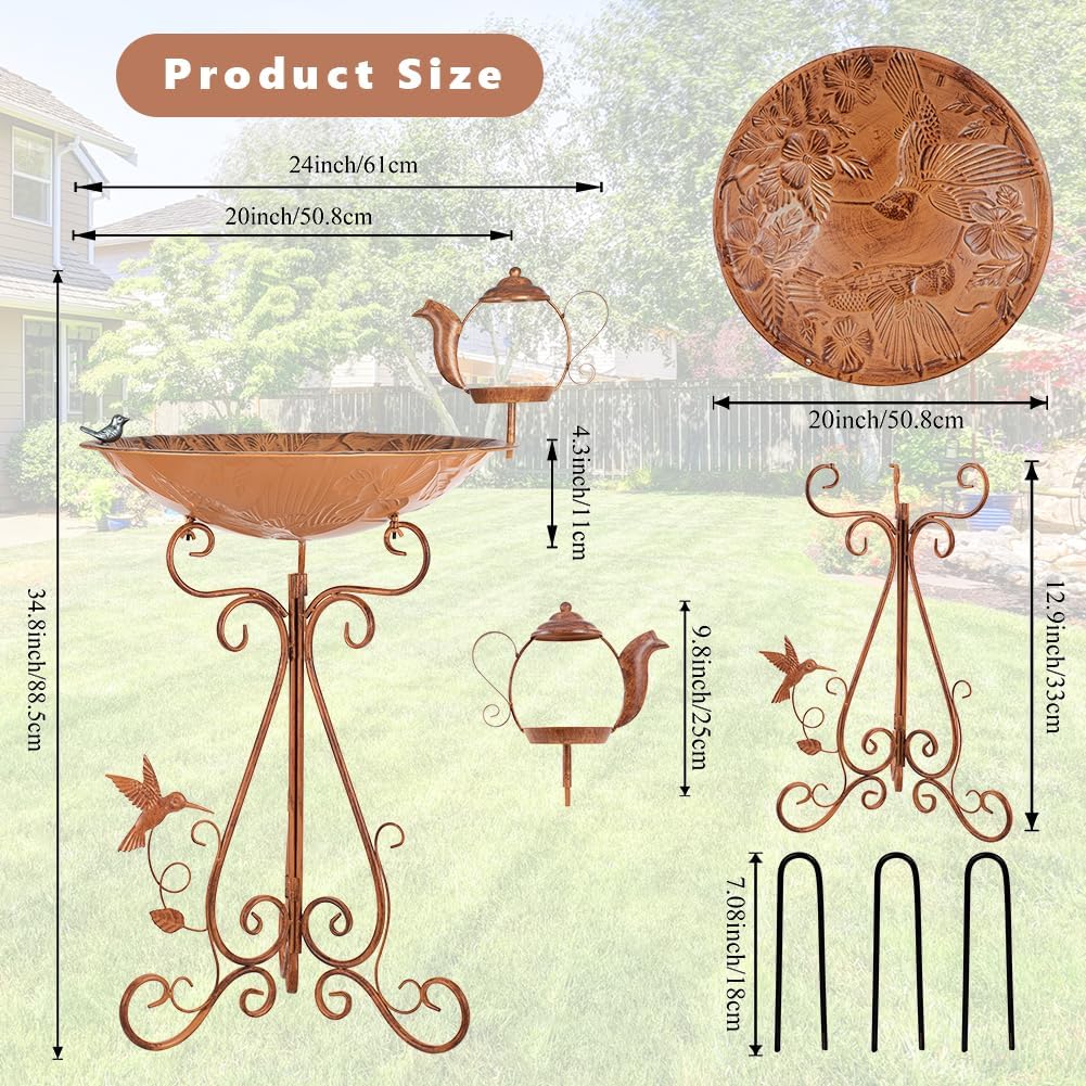 VEWOGARDEN Large Metal Bird Bath for Outside Garden Standing Birdbath with Feeder for Outdoors Yard Patio Lawn Decoration, Brown