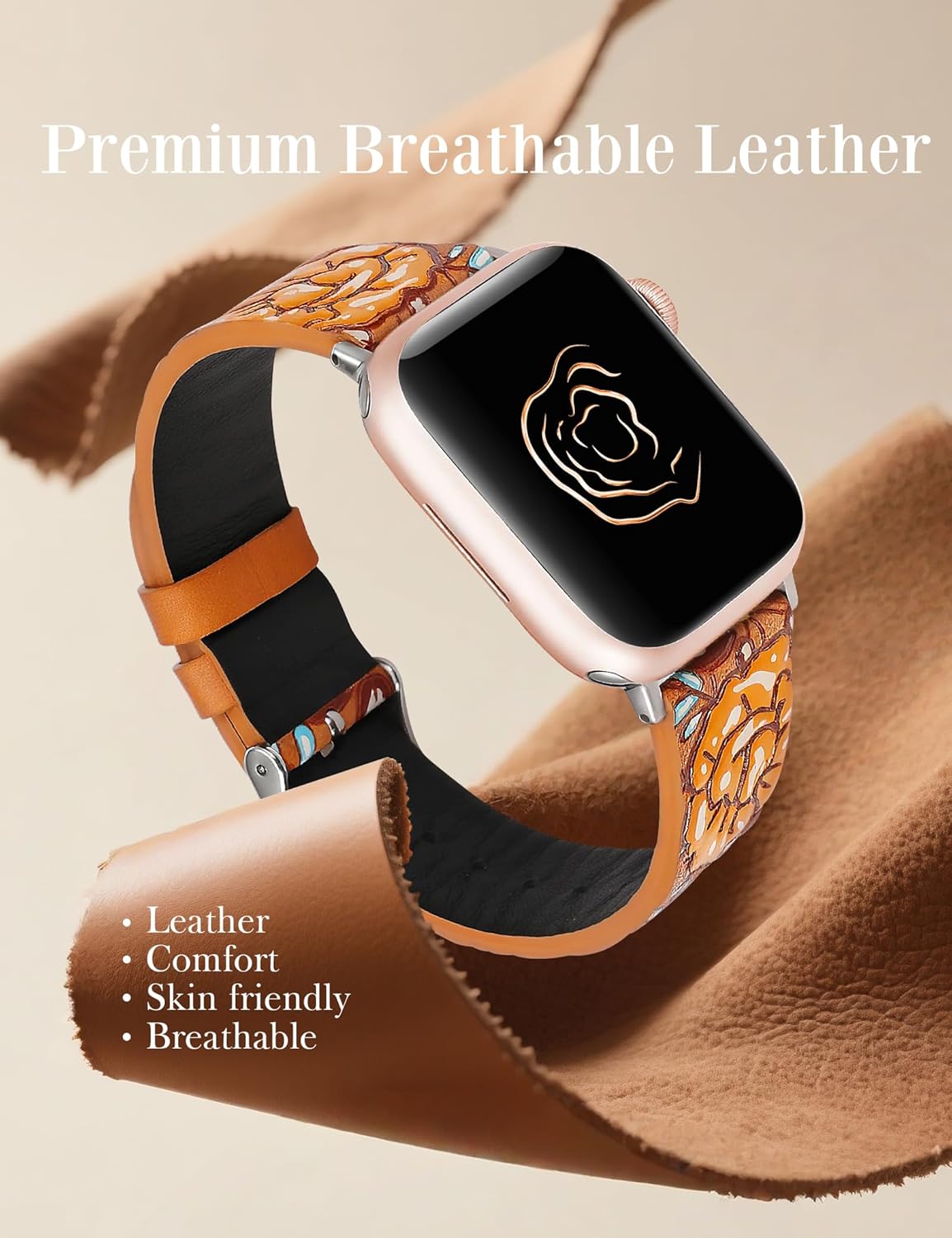 Moolia Floral Leather Band Compatible with Apple Watch Band 42/41/40/38/46/45/44/49mm Women, Cute Romantic Vintage Rose Pattern Strap for iWatch Series 11 10 9 8 7 6 5 4 3 2 1 SE/Ultra(1/2/3)