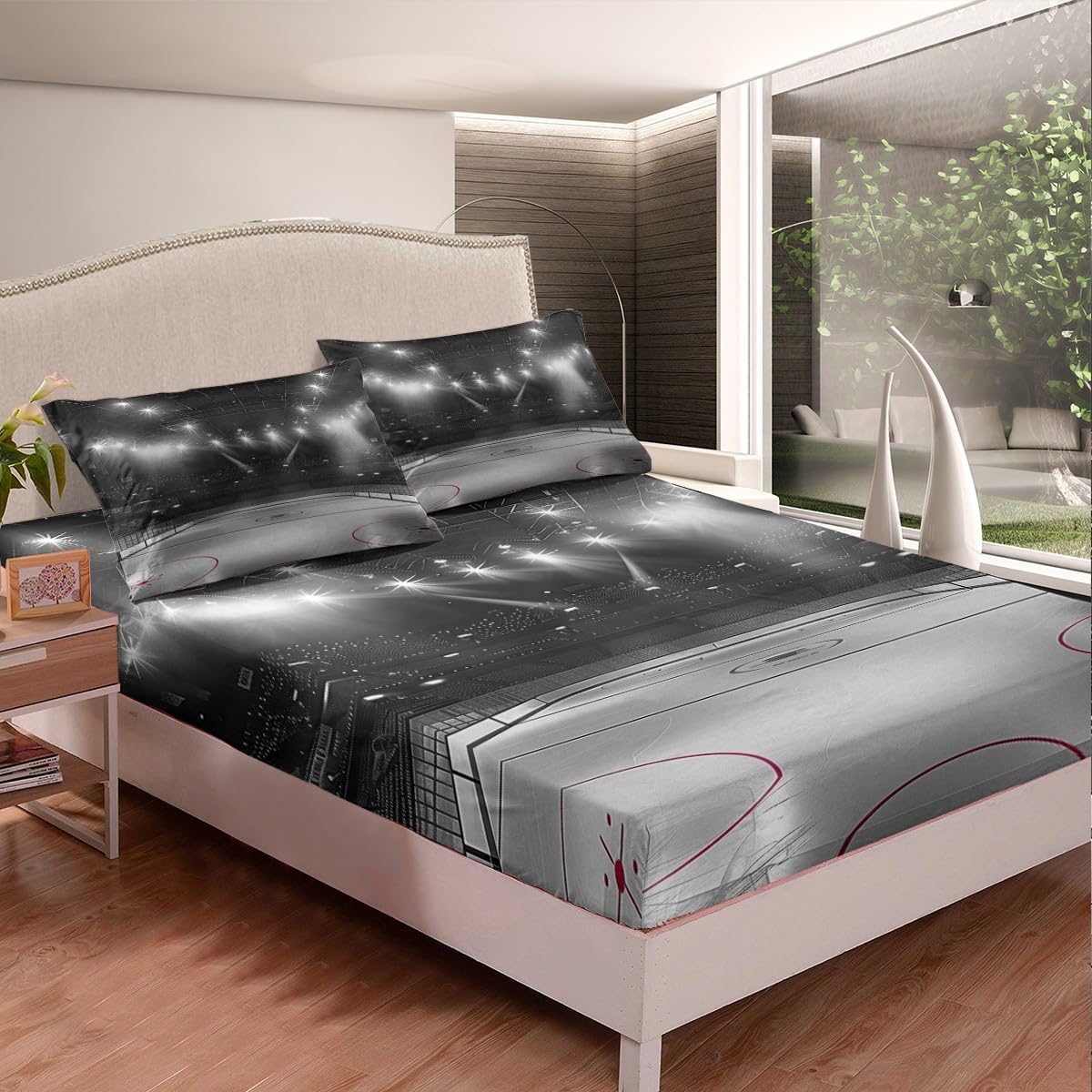 jejeloiu Kids Ice Hockey Bedding Set Full Size Sports Hockey Fitted Sheet for Boys Girls Teens Winter Event Ball Games Bed Sheets Set Soft Microfiber,No Flat Sheet