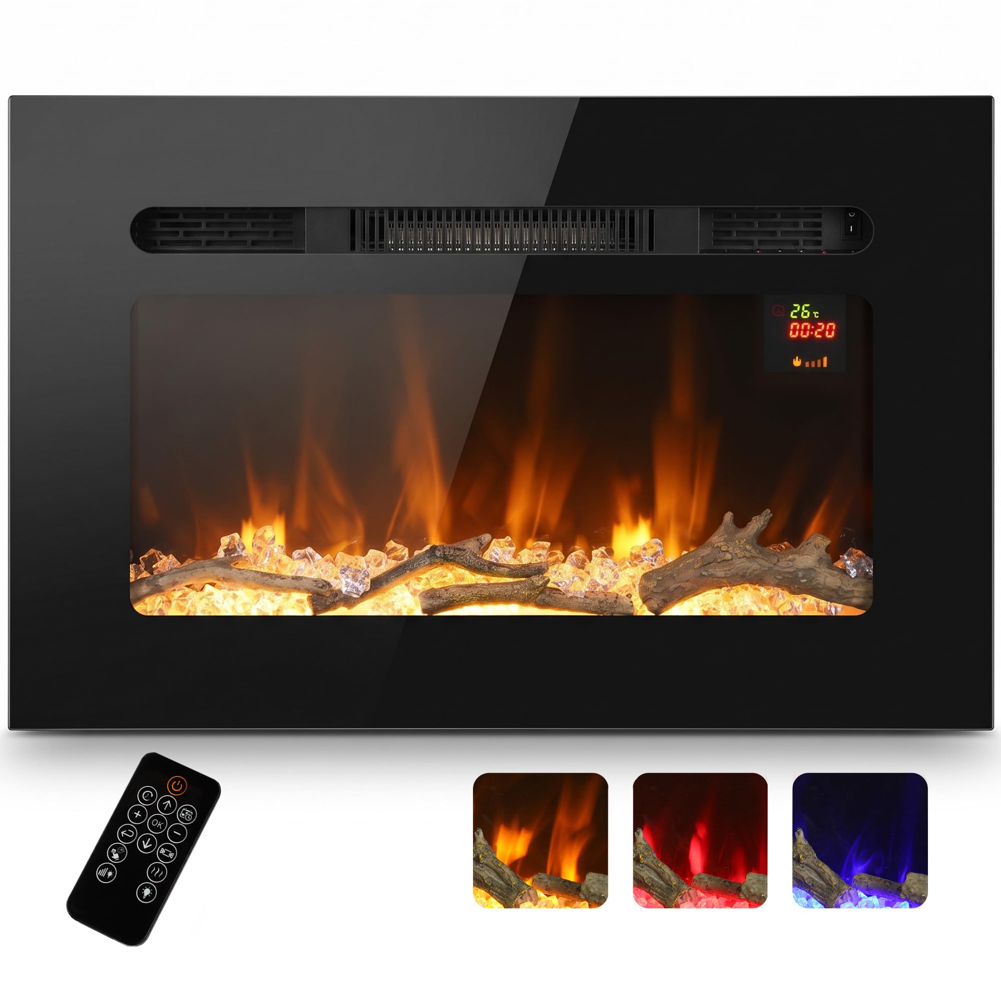 HOMCOM 66cm Camino Elettrico da Parete e Incasso 1800W Riscaldamento, Nero