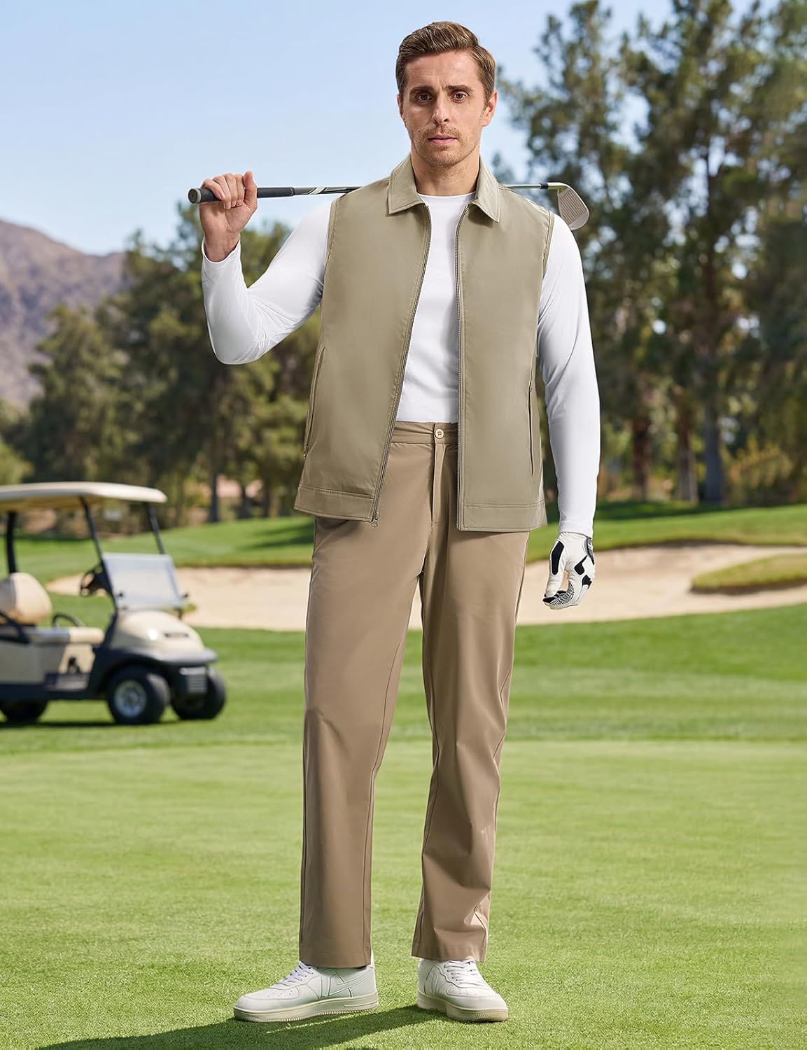 BGOWATU Mens Vest Casual Windproof Sleeveless Jacket Lightweight Running Outerwear 3 Zip Pockets for Golf Travel Business