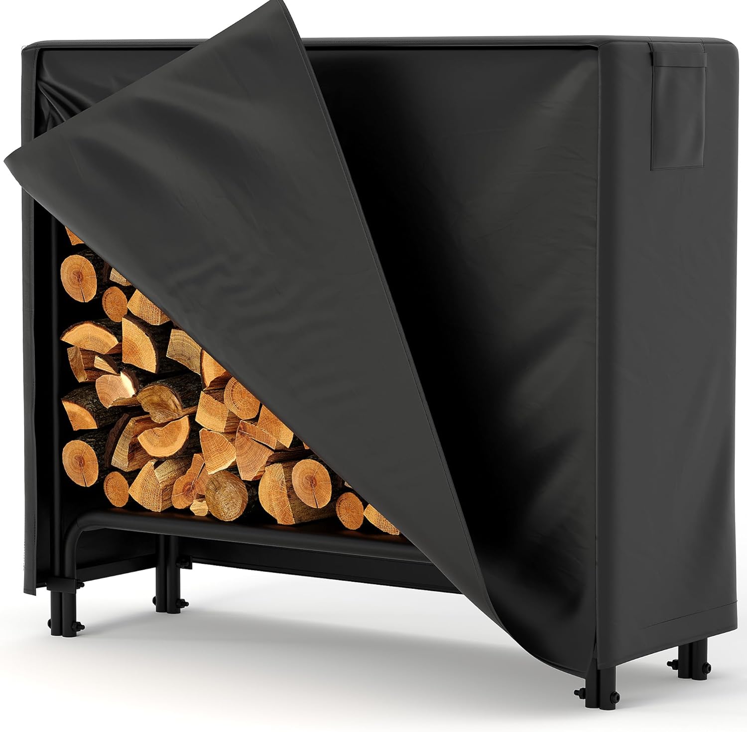 GarveeLife Firewood Log Rack with Cover Outdoor, Log Wood Storage Racks with Zipper, Heavy Duty Indoor 4 ft Firewood Logs Rack, Black Waterproof Oxford Fabric