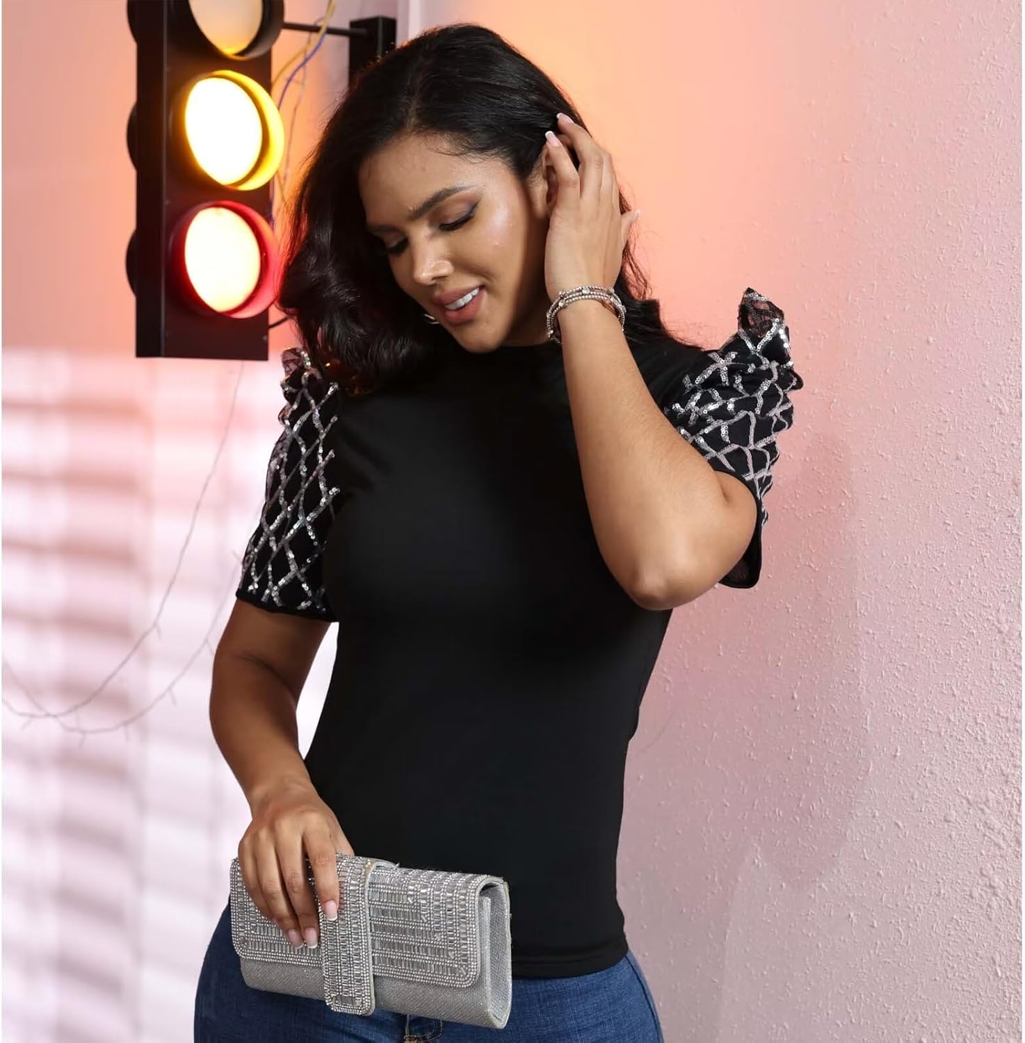 acelyn Women Sexy Sparkle Shimmer Sequin Top See Through Mesh Puff Short Sleeve Tunic Shirt Holiday Party - Image 3