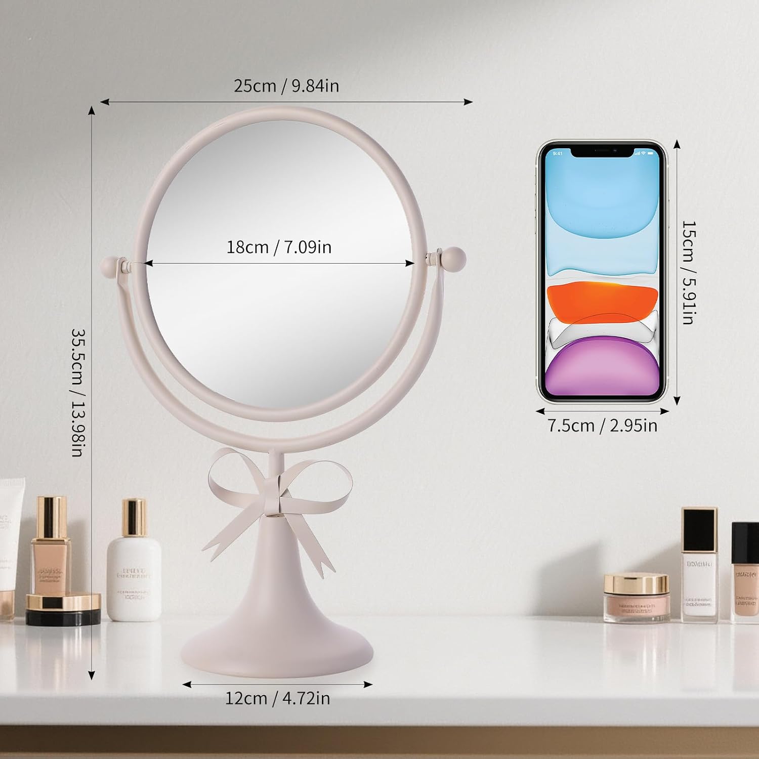 Tabletop Vanity Makeup Mirror with Metal Frame Silver Bow Desk Table Mirror with 360°Adjust Dressing Room Bedroom Bathroom Favor Decor