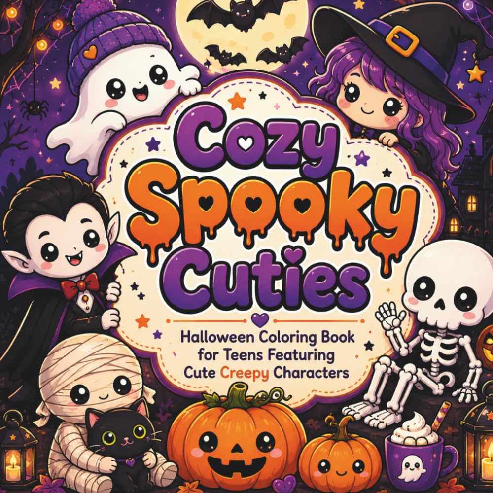 Cozy Spooky Cuties: Halloween Coloring Book for Teens Featuring Cute Creepy Characters