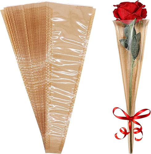 DUTWROY Bolsas de papel de estraza para envolver flores, 50 unidades, bolsas de flores a granel, fundas de flores transparentes para boda,