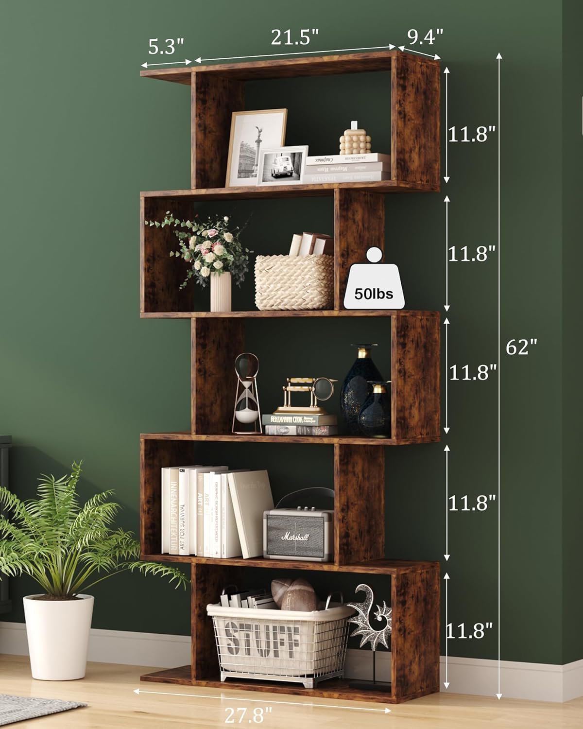 Yusong Bookshelf 5-Tier, Geometric Bookcase S Shaped Book Shelves for Bedroom, Modern Industrial Wood Decorative Display Shelf Book Case for Home Office, Rustic Brown