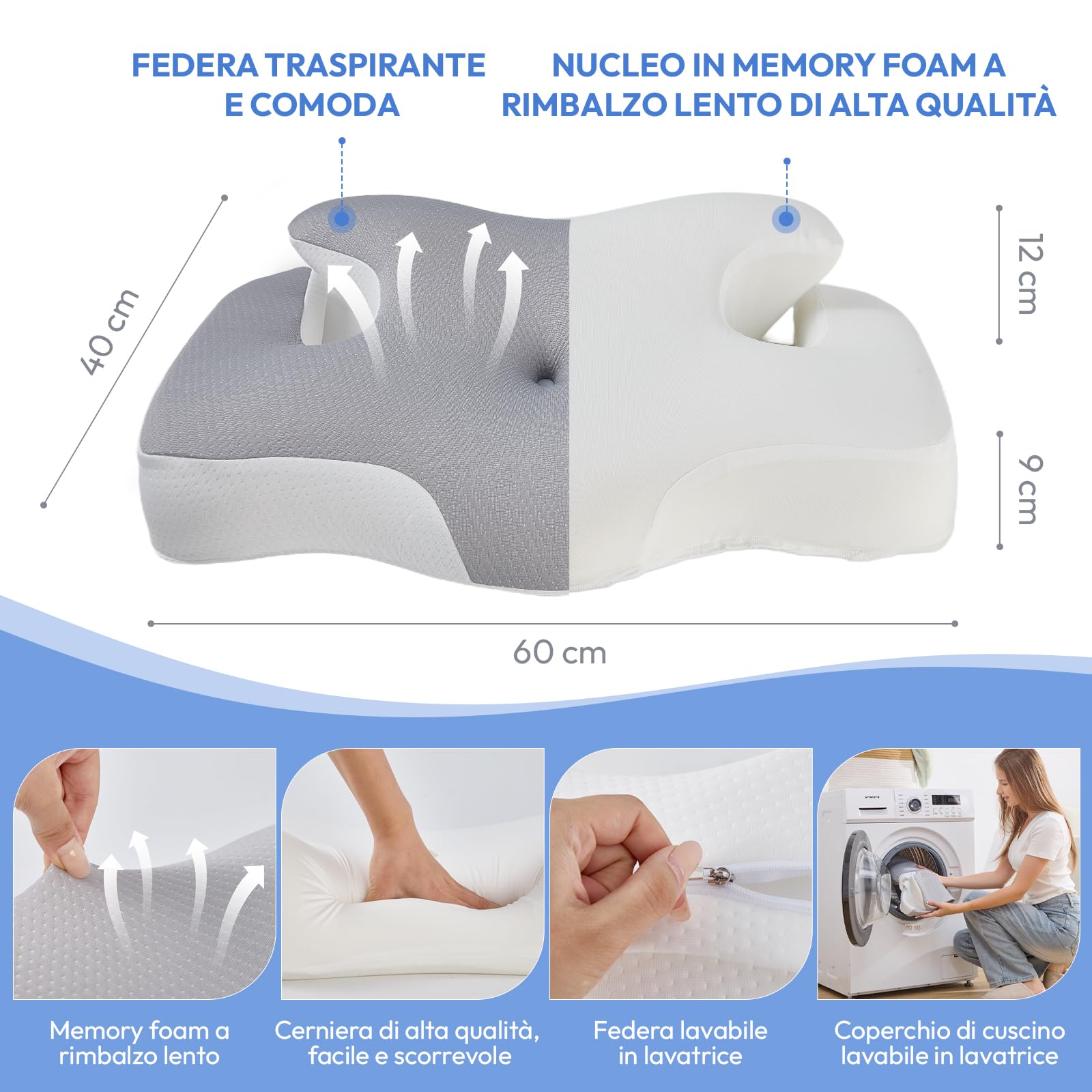 Cuscino Cervicale Memory Foam per Dormire:60 x 40cm Cuscino Ortopedico Cervicale con Federe Rimovibili e Lavabili - Cuscino Ortopedico Ergonomico per Chi Dorme sul Fianco Sulla Schiena e Sullo Stomaco