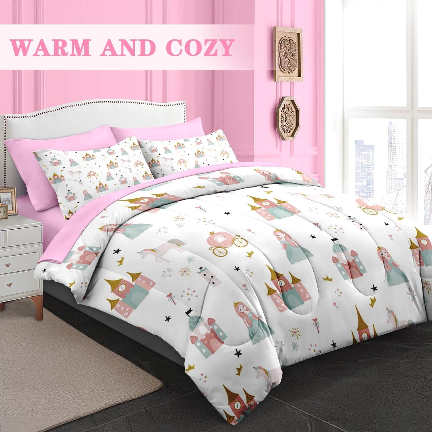 Comforter Set Twin Size, Sweet Princess Castle 5 Pcs Bedding for Kids and Girls, Cute Pink Unicorn Bed Sheet Sets with Fitted Sheet 2 Pillowcases & 2 Shams for Bedroom Bed Decor - Image 2