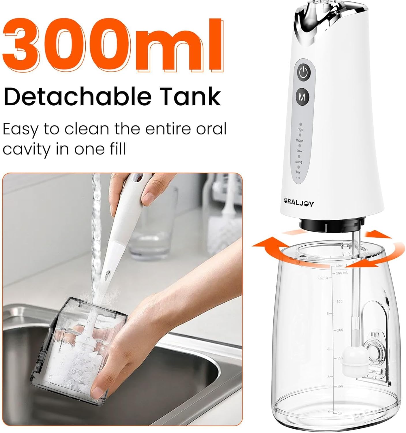 Water Dental Flosser Pick for Teeth - 300ML Portable Cordless Oral Irrigator, Rechargeable Irrigation Cleaner Professional Electric Flossing Machine for Teeth Cleaning Power Flosser Travel (White)