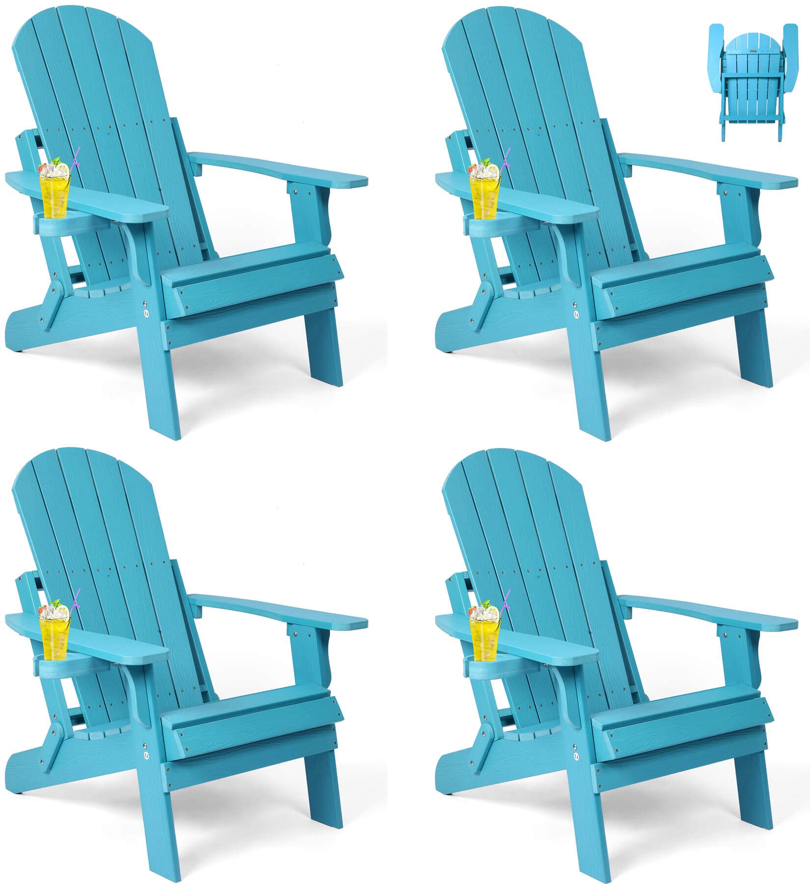 Folding Adirondack Chairs Set of 4, All Weather Resistant Plastic Chairs with Cup Holder, Fold or Unfold Easily in 1 Second, Outdoor Chairs for Patio,