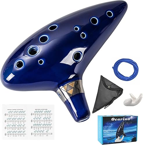 Mulucky Ocarina de arcilla natural de 12 agujeros con accesorios | Caja de regalo de instrumento musical para principiantes - Azul oscuro
