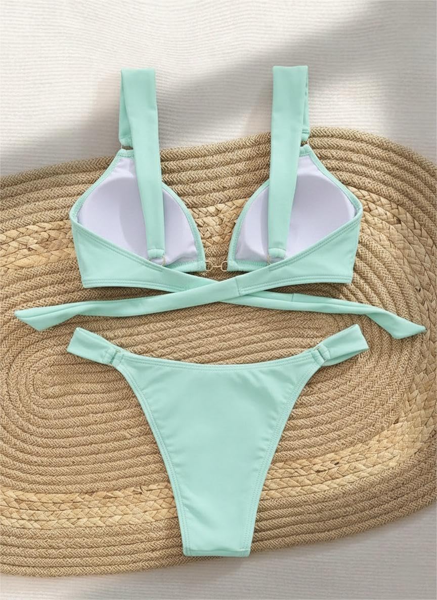 QJQ Women's 2 Piece Cheeky Bikini Sets Tie Back Ring Linked Brazilian Swimsuit Sexy Triangle Bathing Suit - Image 5