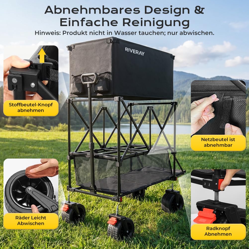 Doppeldecker Bollerwagen Faltbar, 400L Extra Lange Klappbollerwagen | Faltbarer Bollerwagen All Terrain Rädern, Getränkehalter, Verstellbarer Griff Für Camping Garten Festival Strand