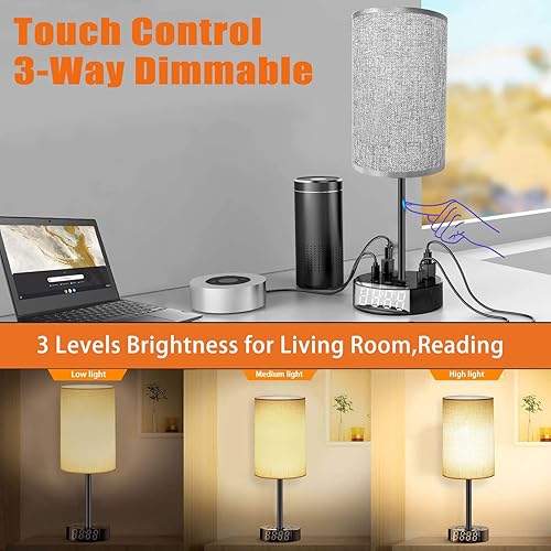 Vista 3 de Lámpara de mesa Lámpara de noche con puertos USB y tomacorrientes, lámpara de dormitorio con base de reloj despertador, 3 vías regulables modernas