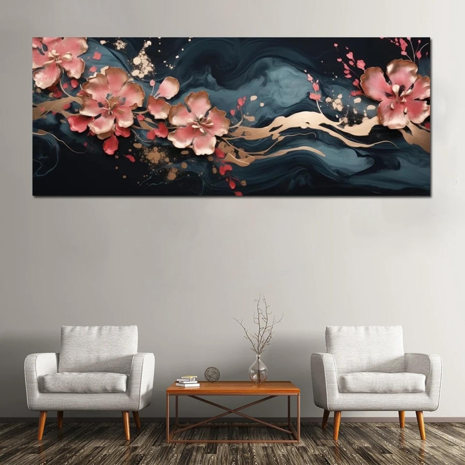 Arte fluido moderno, pintura en lienzo de flores, arte de pared, carteles e impresiones de flores doradas de mármol para decoración de pared de sala de estar, 60x120cm (24x47 pulgadas) con marco