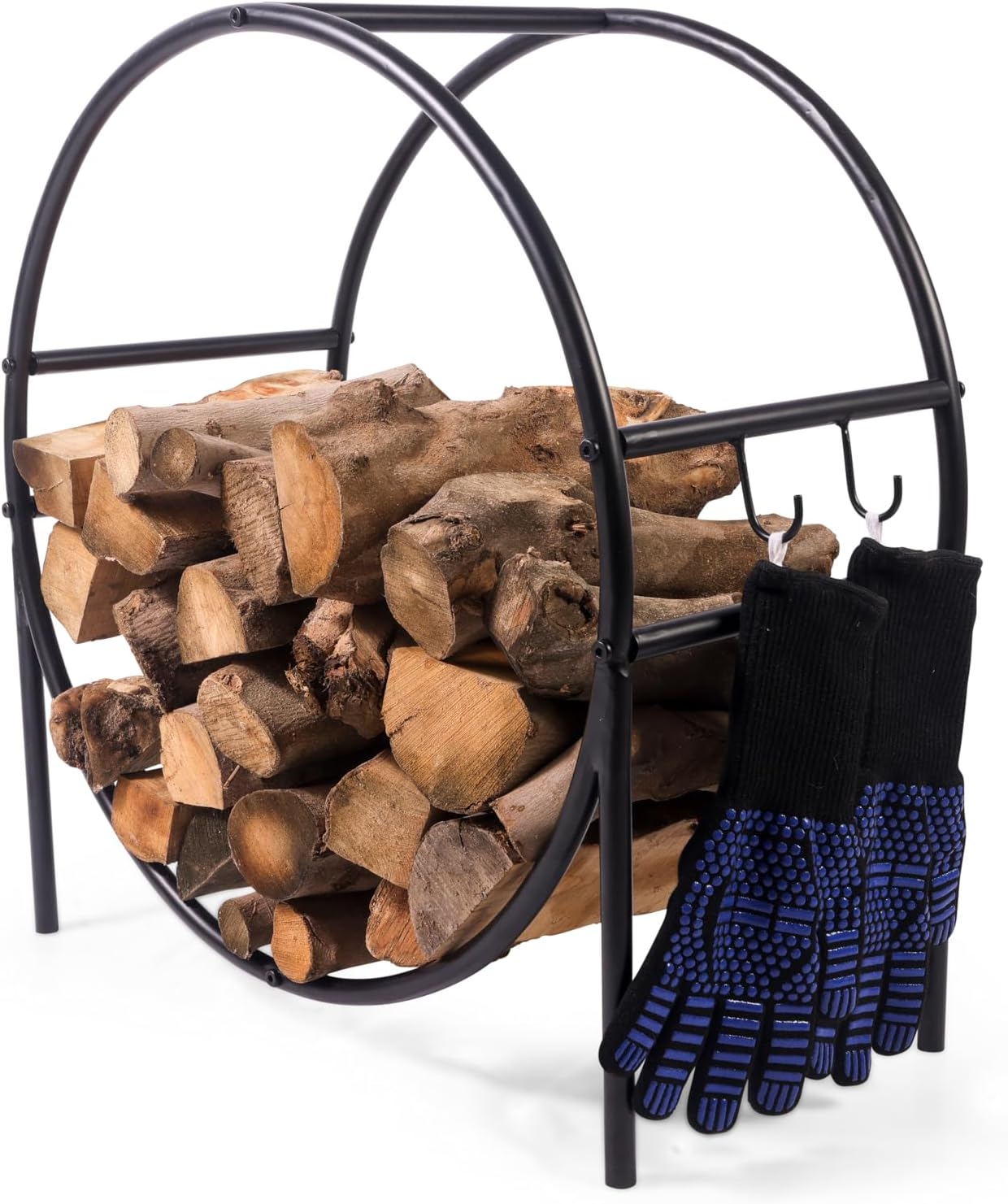 Hoop Firewood Rack with Blue Heat-Proof Gloves - Indoor & Outdoor Firewood Rack with Glove Storage Hooks - Steel Heavy Duty Log Rack, Easy to Assemble - 180 lbs Capacity, 13.4x26.4x28 - Black