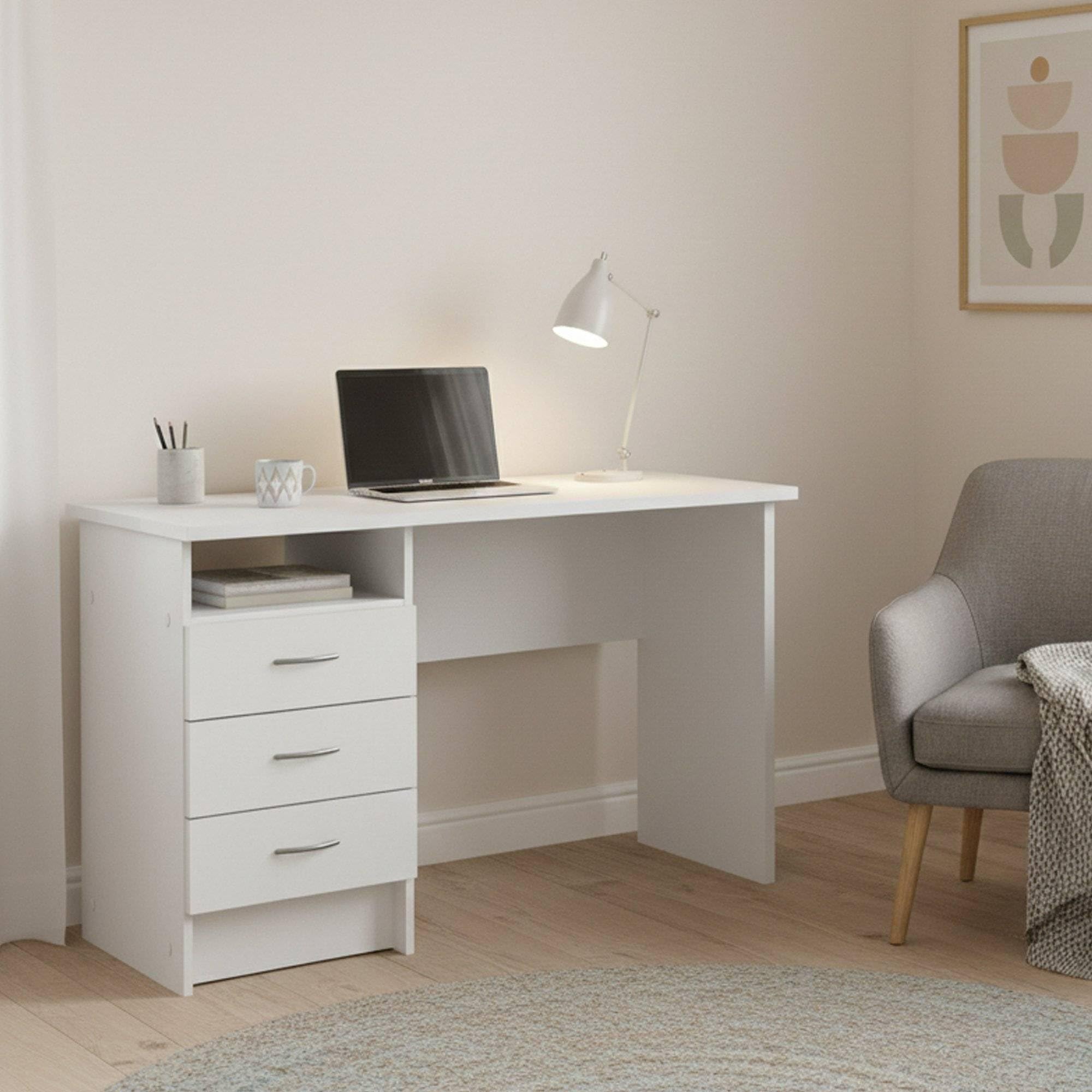 Dmora Scrivania 48.1x120.1x72.6h cm Bianco 3 Cassetti Materiale Piano in Legno Nobilitato, Colore Piano Bianco