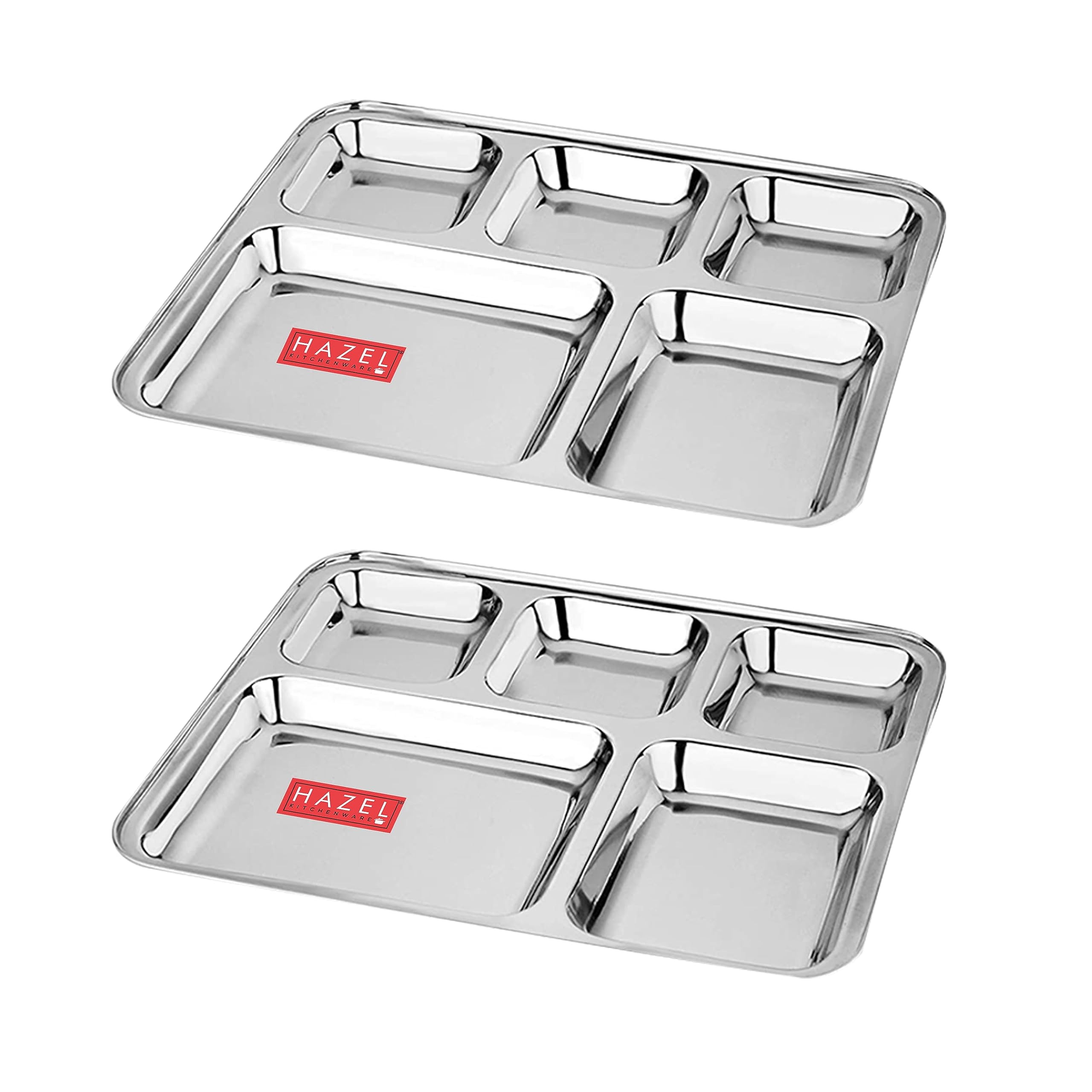 HAZEL Stainless Steel 5 Compartment Mess Plate | Steel Rectangle Bhojan Thali with Square Holes, Set of 2 (B0CF9M2YK6) Amazon Price History, Amazon Price Tracker