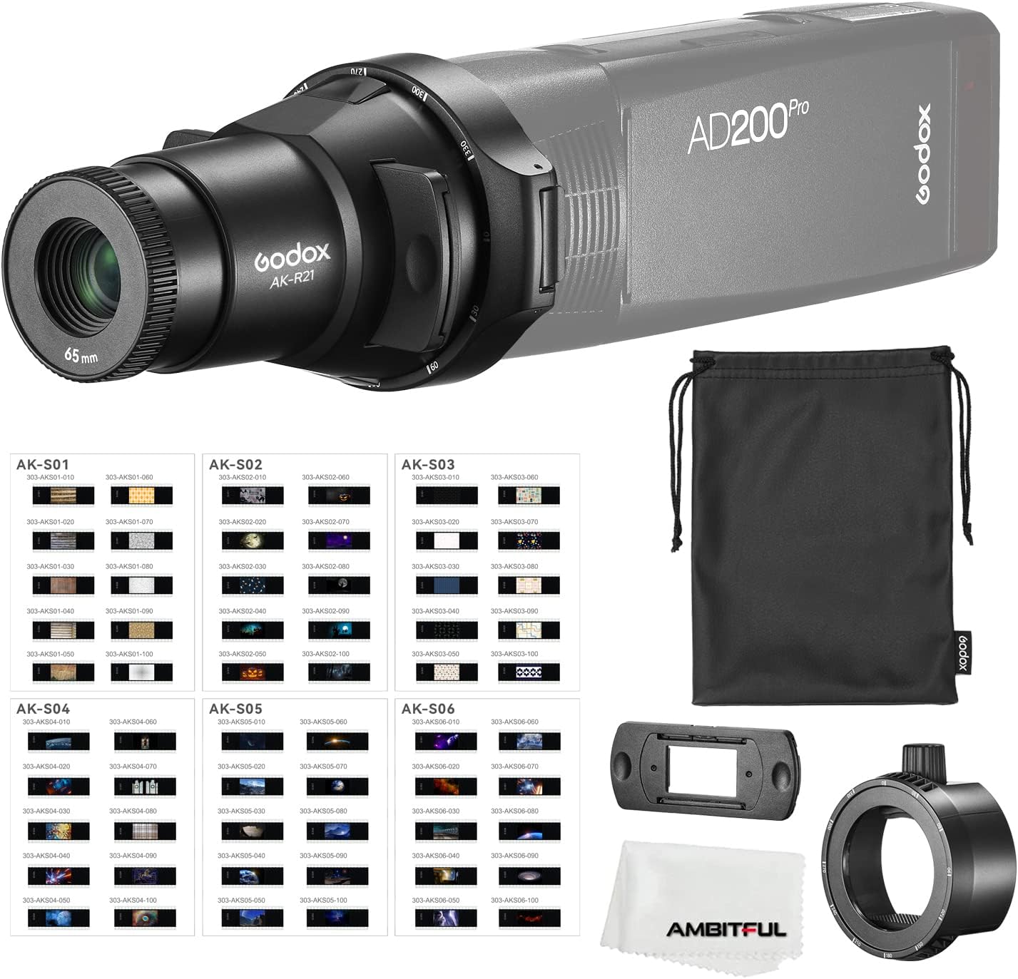 Godox AK-R21 Speedlite Projector Flash Split Focalize Conical Snoot Optical Condenser With Adapter AK-R25 For Fresnel head + AK-S Full Slide Set For Flash Speedlite