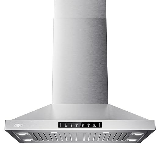 VIKIO HOME 30 Inch Island Range Hood, 390 CFM kitchen Hood with Dual-Sided Touch/Gesture Control, Convertible Ducted/Ductless, Ceiling Mount, 3 Stainless Steel Baffle Filters, 3-Speed Fan