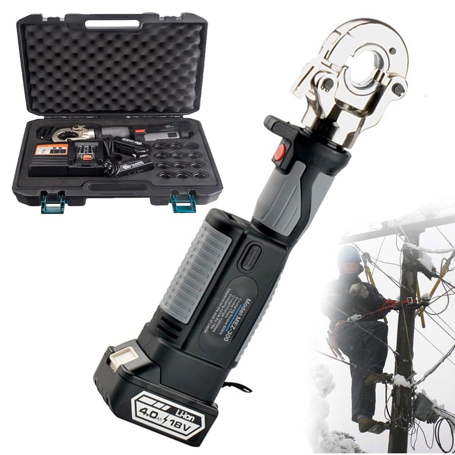 Herramienta De Engaste Hidráulica Eléctrica Crimpadora Hidráulica Recargable De 10-300 Mm², con 12 Pares De Troqueles, Crimpadora Cable con Batería para Terminal Cobre Y Aluminio