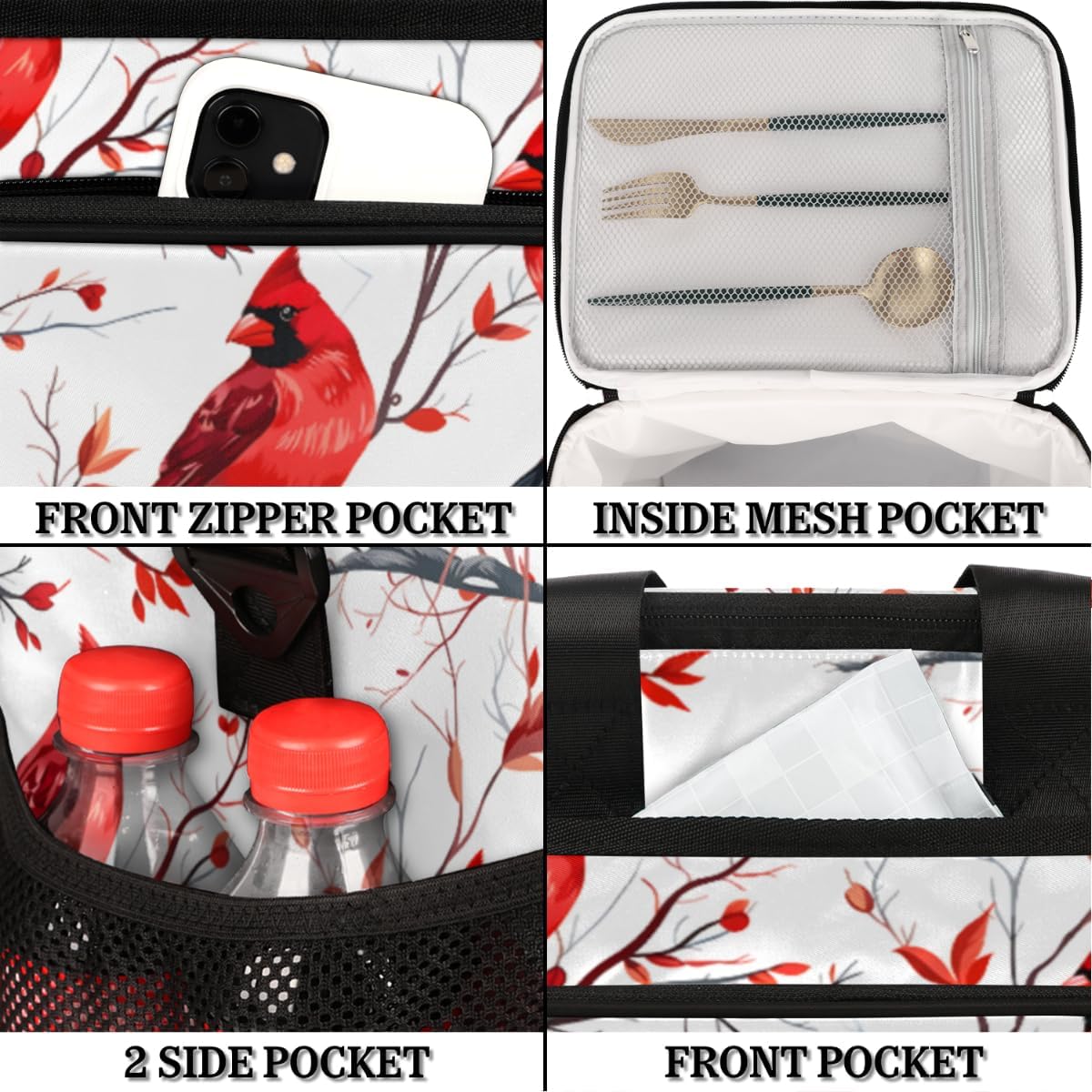 Insulated Picnic Backpack Lunch Box for Women Men Picnic Basket Tote Lunch Bag Picnic Bag Portable Lunch Bags for Picnic, Beach, Work, Trip,Office, Camp Bullfinch Bird Christmas