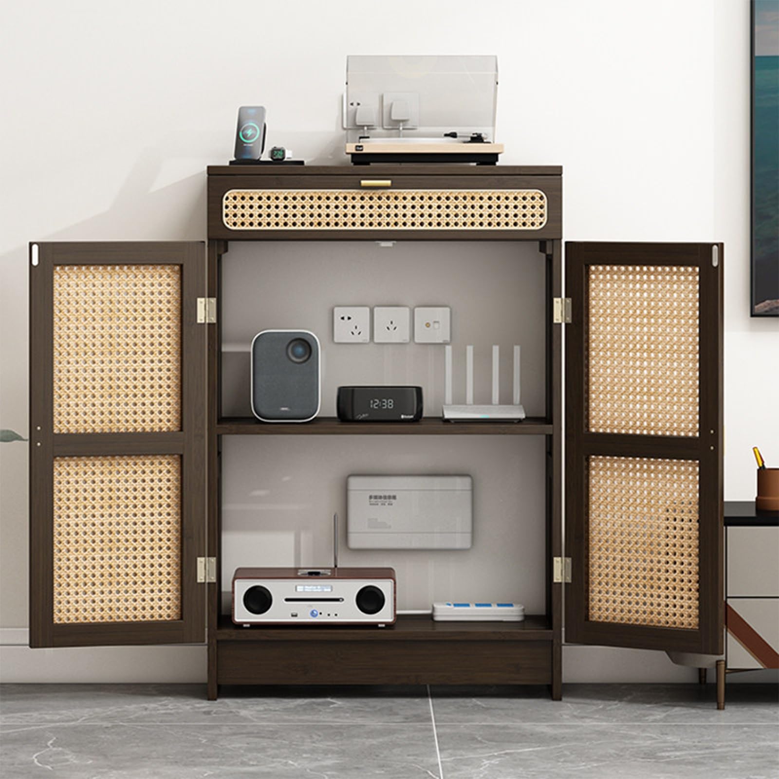 Mueble Organizador For Router Wifi Con Agujeros Decorativos Transpirables, Caja Decorativa De Suelo For Router Con Cajones De Almacenamiento(Brown,50 * 25 * 91cm)
