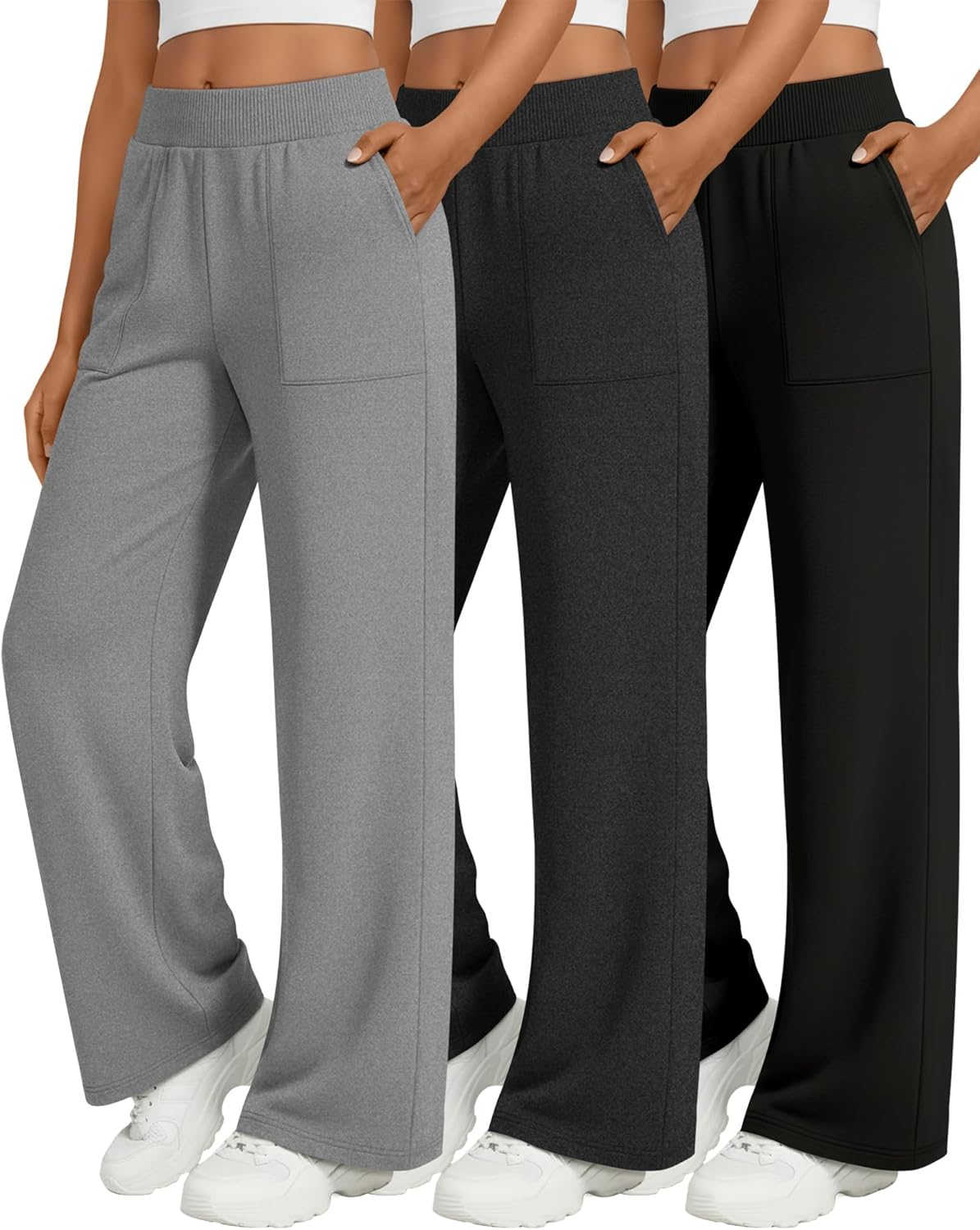 3 Pack Women's Wide Leg Lounge Pants Baggy High Waisted Yoga Joggers Cozy Sweatpants with 4 Pockets