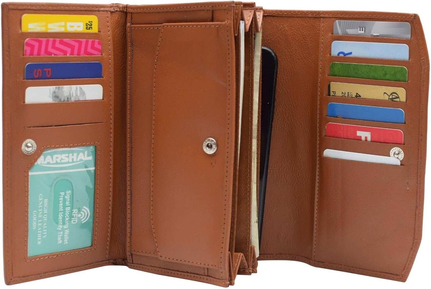 MARSHAL Womens Large Capacity Genuine Leather RFID Blocking Cellphone Clutch Wallet Accordion Card Holder Organizer Purse (Tan)