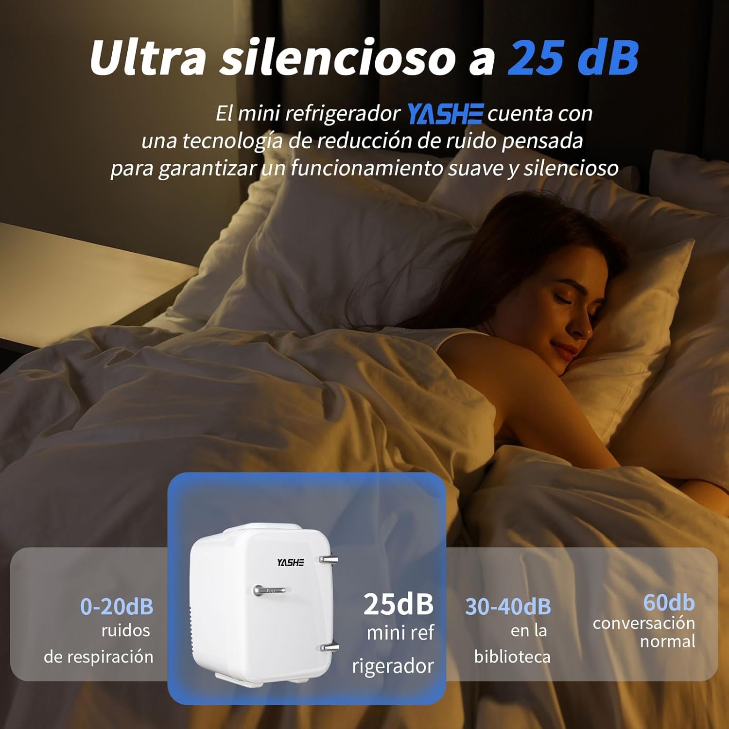 YASHE mini fridge operating quietly in a bedroom setting.