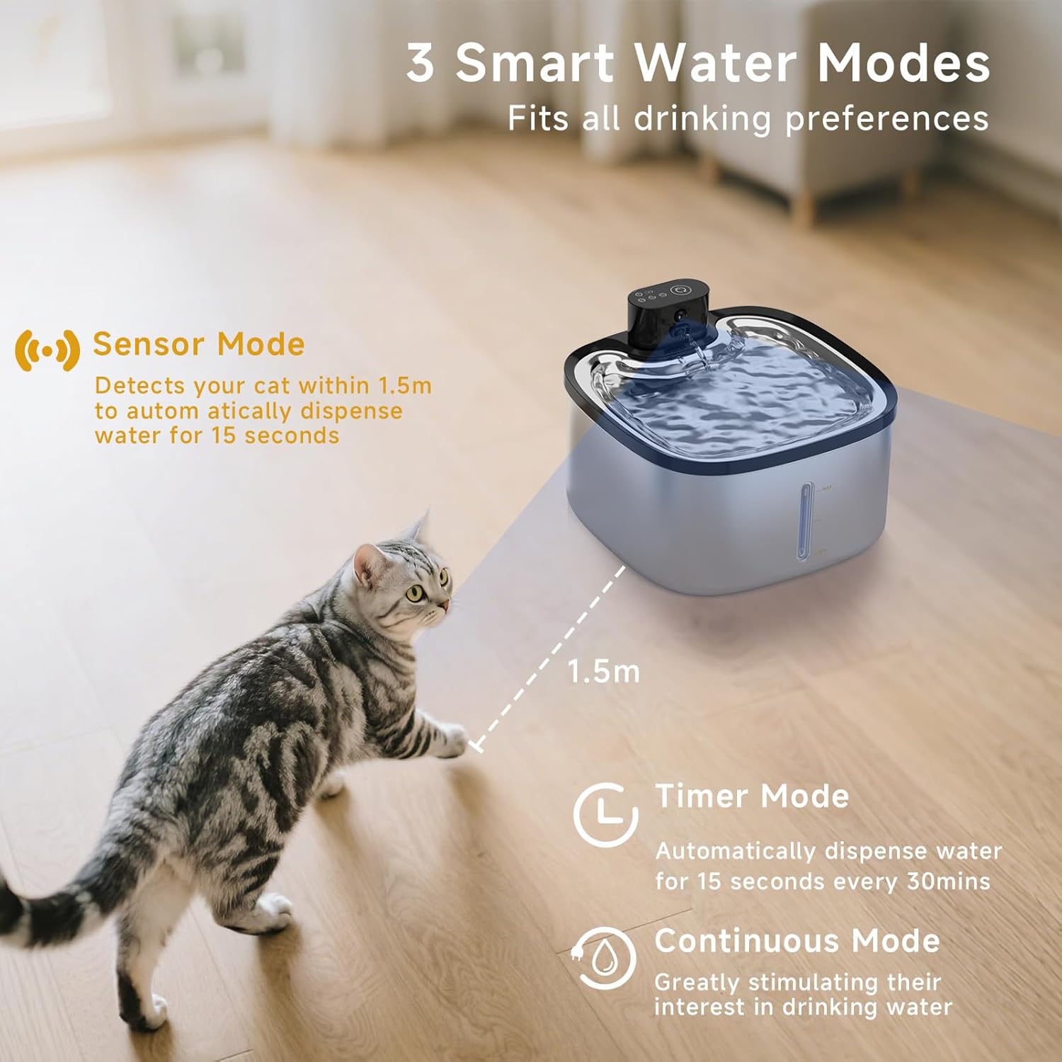 Cat Water Fountain Stainless Steel, 118oz/3.5L Cordless Automatic Pet Water Dispenser for Cats Indoor, with Motion Sensor, Ultra Quiet Pump, Rechargeable & Multi-Filtration (Silver) - Image 4