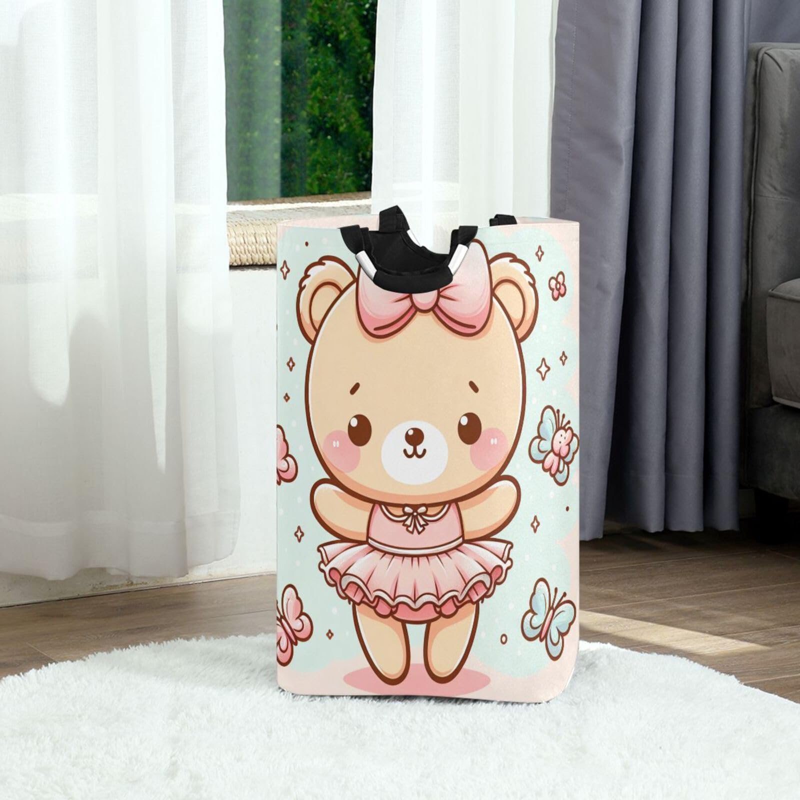 Jihqo Laundry Hamper Basket Cute Bear with Bow Collapsible Nursery Storage Bin Waterproof Clothing Baskets for Home Bedroom Bathroom Washing Room