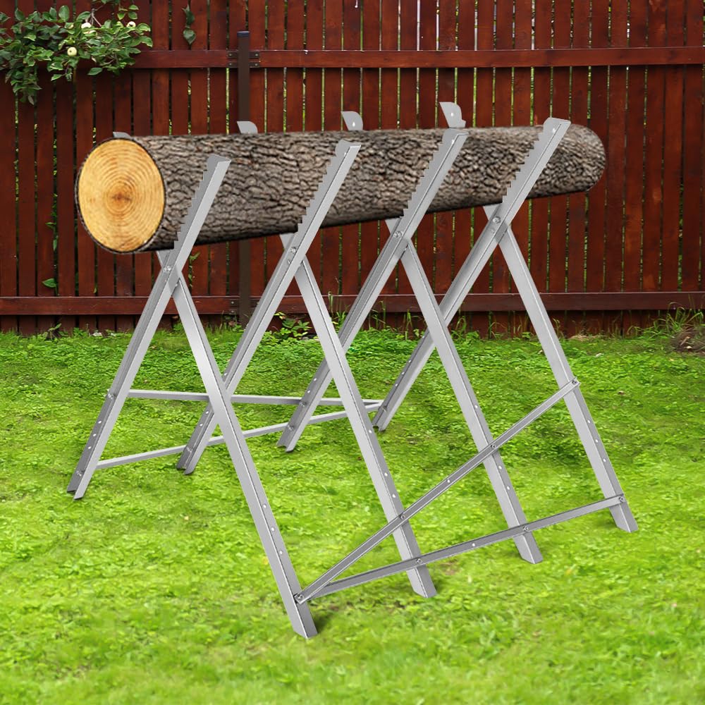 homewell Chevalet de Sciage en Acier, Couper le Bois, Pliable, Cadre de Scie de Jardin Chevalet de Tronçonneuse Support de Scie à Main Capacité de Charge Jusqu'à 150kg (4 Colonnes)