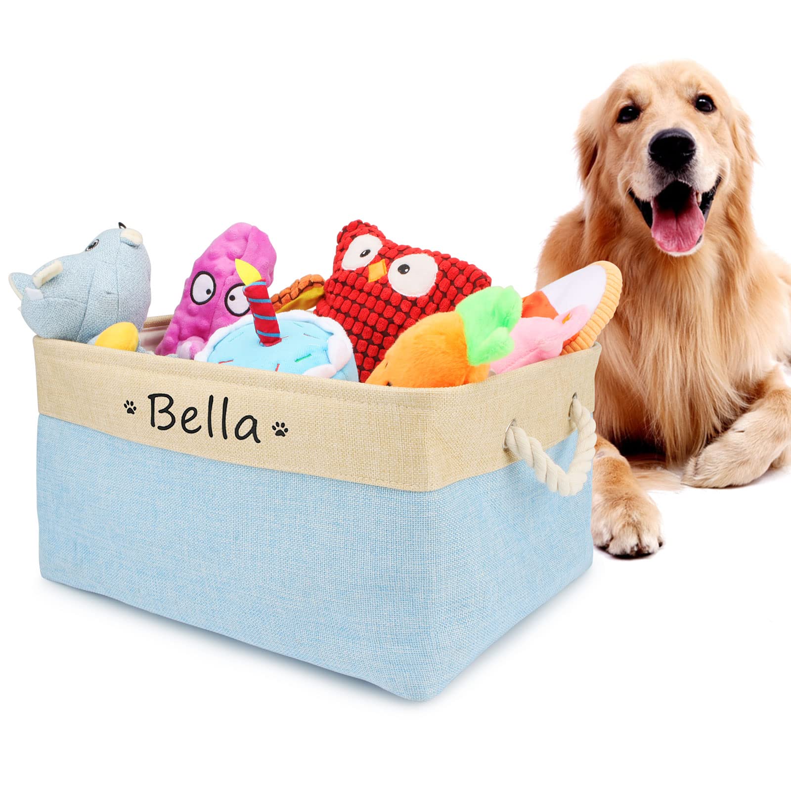 Cuperay Personalised Dog Toy Box Storage, Foldable Dog Toy Basket with Cotton Handle, Puppy Toy Box for Organising Food Clothing and Dog Accessories,Customized Name and Paw Heart Print(Light Blue)