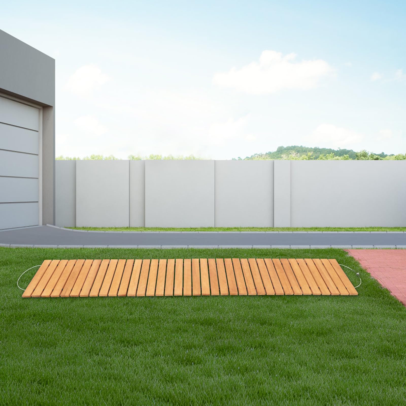 Vialetto da giardino in legno, arrotolabile, per il giardino | 243 x 43 cm, gradino in legno, per giardino, cortile, terrazza, pavimento