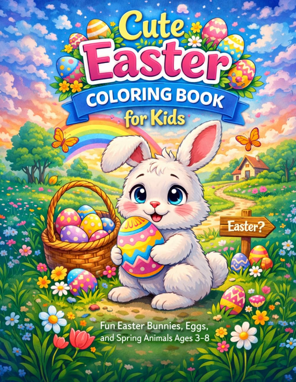 Cute Easter Coloring Book for Kids: 55 Cute Easter Bunnies, Eggs, Chicks & Spring Scenes | Easy Coloring Pages for Toddlers, Preschool & Kindergarten Ages 3-8