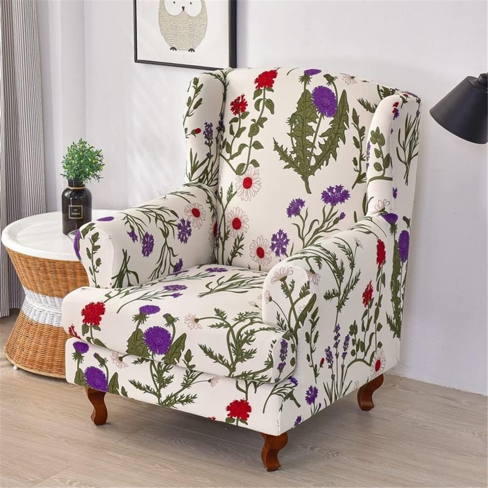 Xiao Ren G 2 Piece Stretch Wingback Chair Covers Win Chair Slipcover Beautiful Elegant Floral Print Armchairs Covers Spandex Furniture Protector For Livin Room Bedroom Hotel(G)