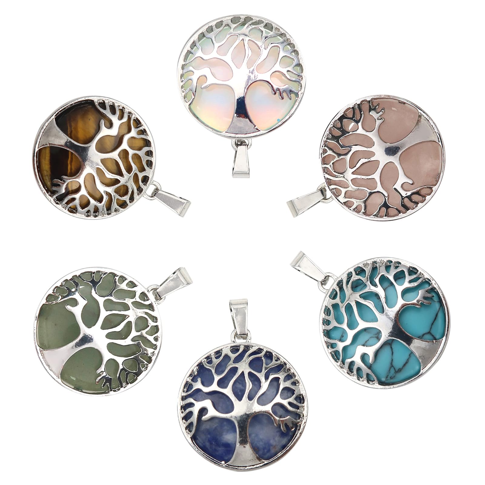 TOAOB 6pcs Tree of Life Charms Natural Gemstone Pendant for Jewellery Making Mixed Colors Metal Frame Hollow Round Charms for DIY Necklace Bracelet Earring Craft Supplies