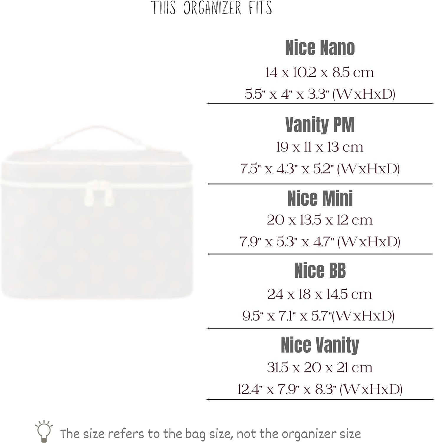 Organizer for Nice BB Bag, Nylon Material Insert for Makeup Toiletry Pouch, Water Resistant, Elastic Lipstick Holder (Nice BB, Tan)