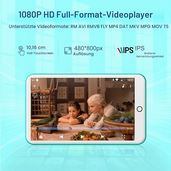 MP3 Player with Bluetooth and WiFi Oilsky 80 GB 4 Inch Android 9.0 MP3 1080P Touchscreen MP4 Player Portable Music Player with Spotify Audible Deezer (Cyan)