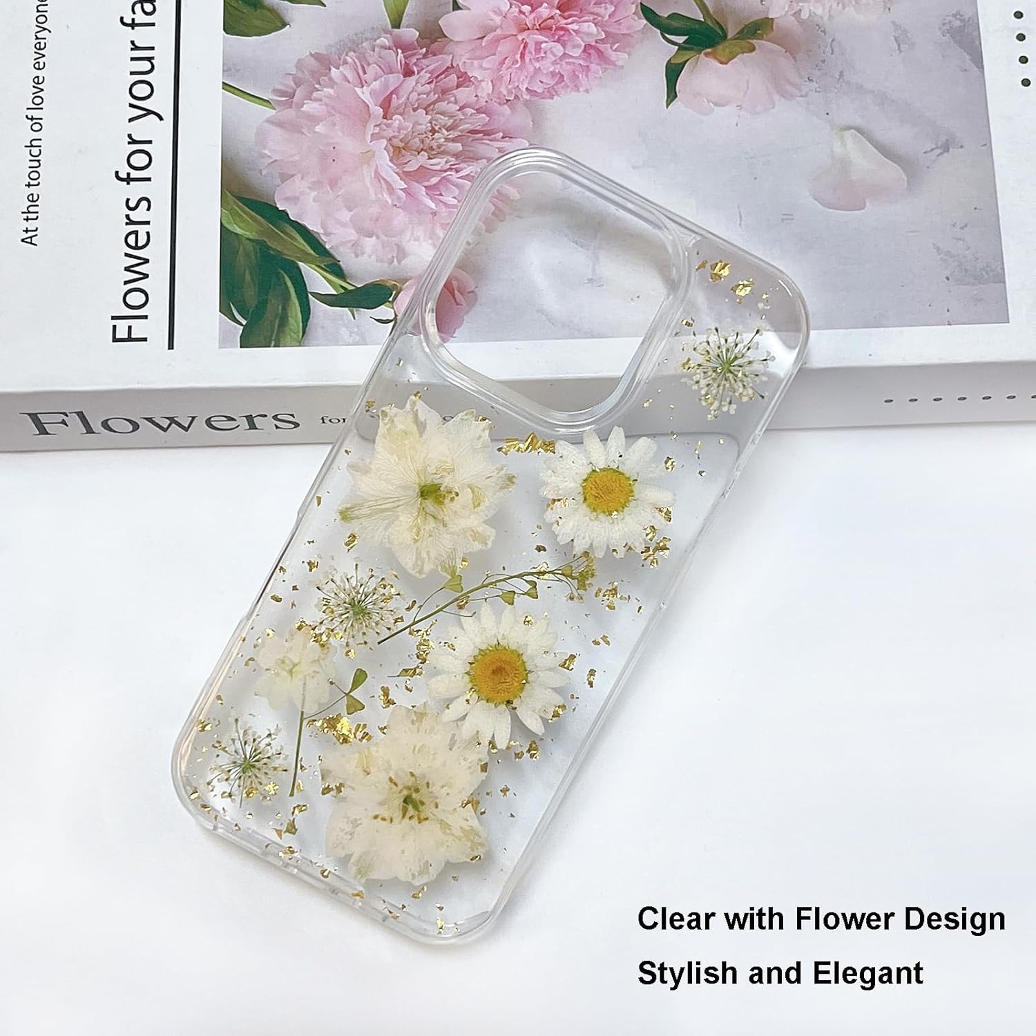 Abbery for iPhone 15 Pro Case Clear with Real Pressed Flower Design Glitter Sparkly Gold Fall Girly Women Cute Aesthetic Soft TPU Protective Shockproof Phone Cover - White Yellow Daisy Floral - Image 2