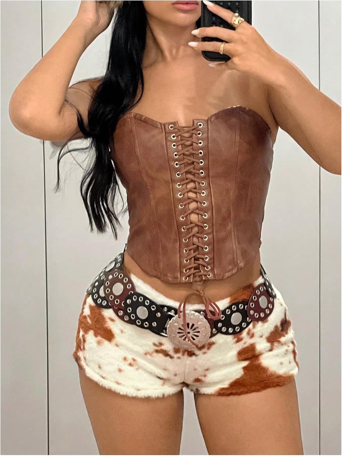 MakeMeChic Women's Micro Mini Shorts Summer Cow Print Fur Shorts Fuzzy Low Waisted Cowgirl Hot Pants - Image 4