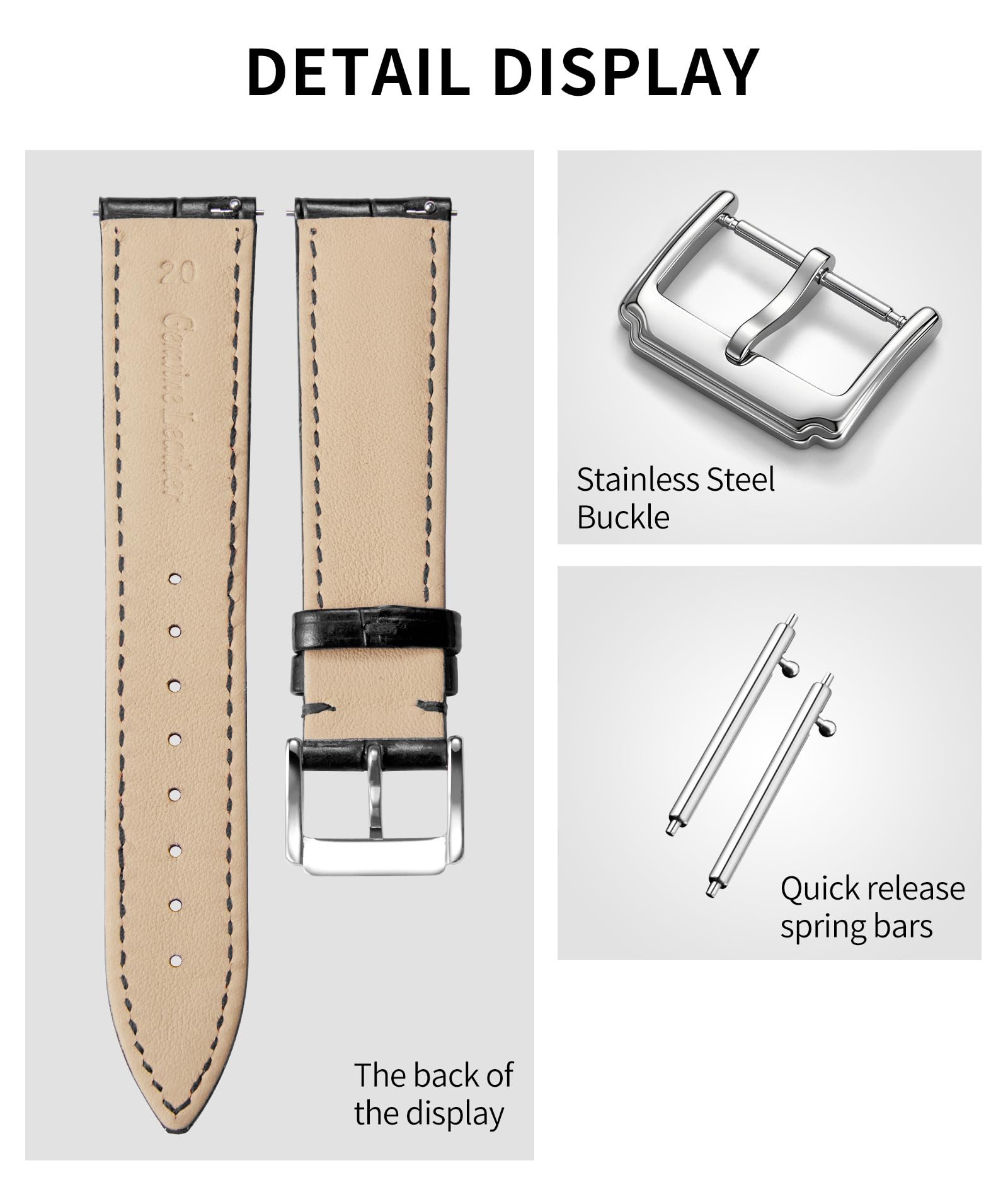 BINLUN Correa Reloj de Piel de Liberación Rápida Correas de Relojes de Cuero de Repuesto para Hombres y Mujeres con 12 Colores (10mm 12mm 14mm 15mm 16mm 17mm 18mm 19mm 20mm 21mm 22mm 23mm) - 3