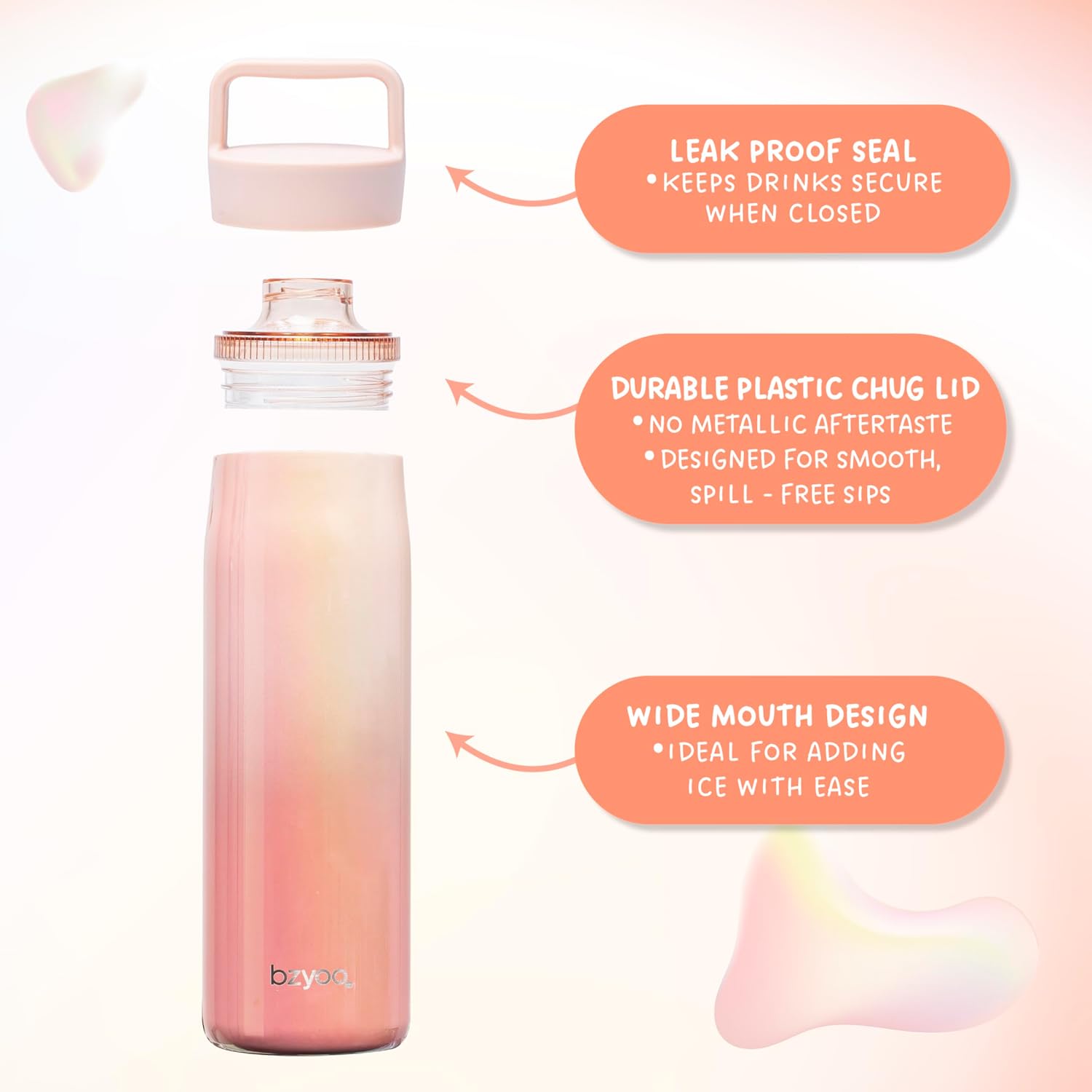 bzyoo 24oz Insulated Water Bottle with Clear Chug Lid - 100% Leakproof Stainless Steel Bottle, Aurora Iridescent Pink, BPA-Free Double Wall Vacuum Flask for Hot & Cold Drinks, Fits Car Cup Holders - Image 5